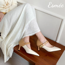 Load image into Gallery viewer, Khaki-Ivory-Leather-High-Heel-Maryjane-with-N-Metal-Buckle-model-shots