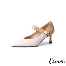 Load image into Gallery viewer, Khaki-Ivory-Leather-High-Heel-Maryjane-with-N-Metal-Buckle-product-shots-white-background