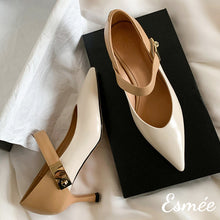 Load image into Gallery viewer, Khaki-Ivory-Leather-High-Heel-Maryjane-with-N-Metal-Buckle-product-shots