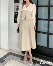 將圖片載入圖庫檢視器 Khaki-Korean-Linen-Set-with-Dual-Color-Shirt-and-Long-Dress-model-shots-1