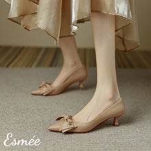 Load image into Gallery viewer, Khaki-Lambskin-Leather-High-Heels-with-Bow-Knot-Design-model-shots