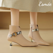 Load image into Gallery viewer, Khaki-Leather-Ankle-Boots-with-Snake-Skin-Straps-model-shots