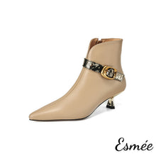 Load image into Gallery viewer, Khaki-Leather-Ankle-Boots-with-Snake-Skin-Straps-product-shots-white-background