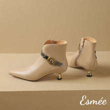 Load image into Gallery viewer, Khaki-Leather-Ankle-Boots-with-Snake-Skin-Straps-product-shots