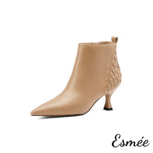 Load image into Gallery viewer, Khaki-Leather-Ankle-Boots-with-Woven-Design-product-shots-white-background