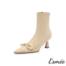 Load image into Gallery viewer, Khaki-Leather-Ankle-Boots-wtih-Bow-Knot-Design-product-shots-white-background