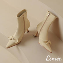 Load image into Gallery viewer, Khaki-Leather-Ankle-Boots-wtih-Bow-Knot-Design-product-shots