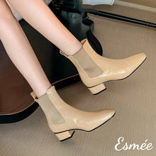 將圖片載入圖庫檢視器 Khaki-Leather-Chelsea-Boots-with-4-cm-Block-Heels-model-shots