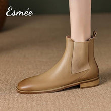 Load image into Gallery viewer, Khaki-Leather-Chelsea-Boots-with-Squared-Toe-Design-model-shots