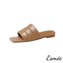將圖片載入圖庫檢視器 Khaki-Leather-Flast-Sandals-with-Square-Toe-Design-product-shots-white-background