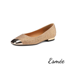 將圖片載入圖庫檢視器 Khaki-Leather-Flats-with-Bead-and-Golden-Toe-Cap-Design-product-shots-white-background