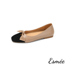 Load image into Gallery viewer, Khaki-Leather-Flats-with-Black-Toe-Cap-and-Bow-Knot-product-shots-white-background