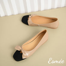 Load image into Gallery viewer, Khaki-Leather-Flats-with-Black-Toe-Cap-and-Bow-Knot-product-shots