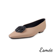 Load image into Gallery viewer, Khaki-Leather-Flats-with-Dual-Color-Flower-Design-product-shots-white-background