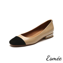 將圖片載入圖庫檢視器 Khaki-Leather-Flats-with-Mini-Pearl-Heels-and-Black-Toe-Cap-product-shots-white-background