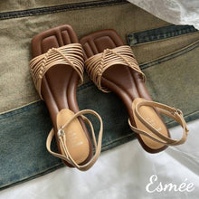 將圖片載入圖庫檢視器 Khaki-Leather-High-Hee-Sandals-with-Ankle-Straps-_-Woven-Design-product-shots