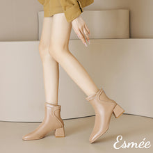 將圖片載入圖庫檢視器 Khaki-Leather-High-Heel-Ankle-Boots-with-Special-Cutting-Design-model-shots