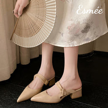 將圖片載入圖庫檢視器 Khaki-Leather-High-Heel-Mules-with-Bow-Knot-Straps-model-shots