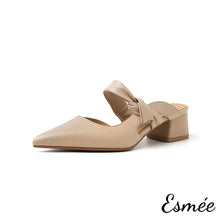 將圖片載入圖庫檢視器 Khaki-Leather-High-Heel-Mules-with-Bow-Knot-Straps-product-shots-white-background