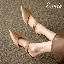 將圖片載入圖庫檢視器 Khaki-Leather-High-Heel-Mules-with-Metal-Buckle-Design-model-shots