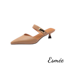 將圖片載入圖庫檢視器 Khaki-Leather-High-Heel-Mules-with-Metal-Buckle-Design-product-shots-white-background