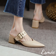 將圖片載入圖庫檢視器 Khaki-Leather-High-Heel-Mules-with-Thick-Leather-Buckle-model-shots