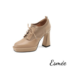 Load image into Gallery viewer, Khaki-Leather-High-Heel-Oxford-Shoes-with-2.5-cm-Platform-and-Fabrics-Design-product-shots-white-background