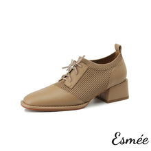 Load image into Gallery viewer, Khaki-Leather-High-Heel-Oxford-Shoes-with-Fabrics-Design-product-shots-white-background