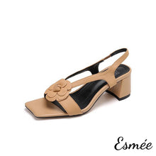 Load image into Gallery viewer, Khaki-Leather-High-Heel-Sandals-with-Flower-and-Square-toe-Design-product-shots-white-background