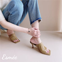 Load image into Gallery viewer, Khaki-Leather-High-Heel-Sandals-with-Stiletto-Heels-model-shots