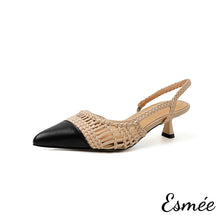 將圖片載入圖庫檢視器 Khaki-Leather-High-Heel-Slingback-with-Knitting-Design-product-shots-white-background