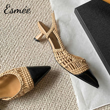 將圖片載入圖庫檢視器 Khaki-Leather-High-Heel-Slingback-with-Knitting-Design-product-shots