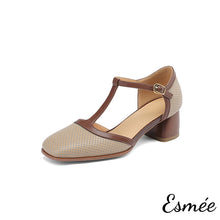 將圖片載入圖庫檢視器 Khaki-Leather-High-Heel-T-Straps-Sandals-with-Dual-Color-Design-product-shots-white-background