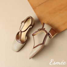 將圖片載入圖庫檢視器 Khaki-Leather-High-Heel-T-Straps-Sandals-with-Dual-Color-Design-product-shots