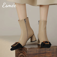 Load image into Gallery viewer, Khaki-Leather-High-Heels-Ankle-Boots-with-Metal-Buckle-and-Black-Toe-Cap-model-shots