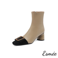 Load image into Gallery viewer, Khaki-Leather-High-Heels-Ankle-Boots-with-Metal-Buckle-and-Black-Toe-Cap-product-shots-white-background