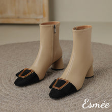 Load image into Gallery viewer, Khaki-Leather-High-Heels-Ankle-Boots-with-Metal-Buckle-and-Black-Toe-Cap-product-shots