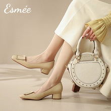 Load image into Gallery viewer, Khaki-Leather-High-Heels-with-Buckle-Design-model-shots