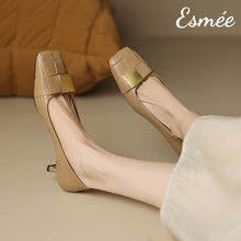 Load image into Gallery viewer, Khaki-Leather-High-Heels-with-Wide-Woven-and-Metal-Buckle-Design-model-shots