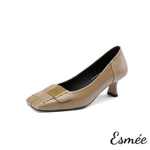 Load image into Gallery viewer, Khaki-Leather-High-Heels-with-Wide-Woven-and-Metal-Buckle-Design-product-shots-white-background