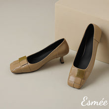 Load image into Gallery viewer, Khaki-Leather-High-Heels-with-Wide-Woven-and-Metal-Buckle-Design-product-shots