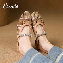 Load image into Gallery viewer, Khaki-Leather-Mules-with-Diamond-Straps-and-Knitting-Design-model-shots