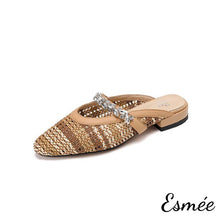 Load image into Gallery viewer, Khaki-Leather-Mules-with-Diamond-Straps-and-Knitting-Design-product-shots-white-background