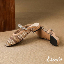 Load image into Gallery viewer, Khaki-Leather-Mules-with-Diamond-Straps-and-Knitting-Design-product-shots