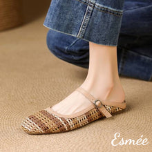 Load image into Gallery viewer, Khaki-Leather-Mules-with-Knitting-Design-model-shots
