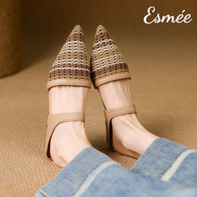 Load image into Gallery viewer, Khaki-Leather-Mules-with-Pointed-Toe-and-Woven-Design-model-shots