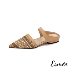 Load image into Gallery viewer, Khaki-Leather-Mules-with-Pointed-Toe-and-Woven-Design-product-shots-white-background