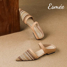 Load image into Gallery viewer, Khaki-Leather-Mules-with-Pointed-Toe-and-Woven-Design-product-shots
