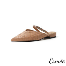 將圖片載入圖庫檢視器 Khaki-Leather-Mules-with-Woven-and-Chain-Deisgn-product-shots-white-background