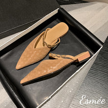 將圖片載入圖庫檢視器 Khaki-Leather-Mules-with-Woven-and-Chain-Deisgn-product-shots